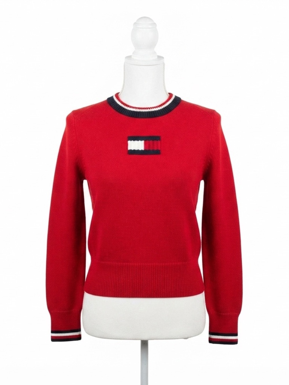 VTG Y2K Tommy Hilfiger Red Cotton Crew Neck Logo Sweater Womens Small Petite